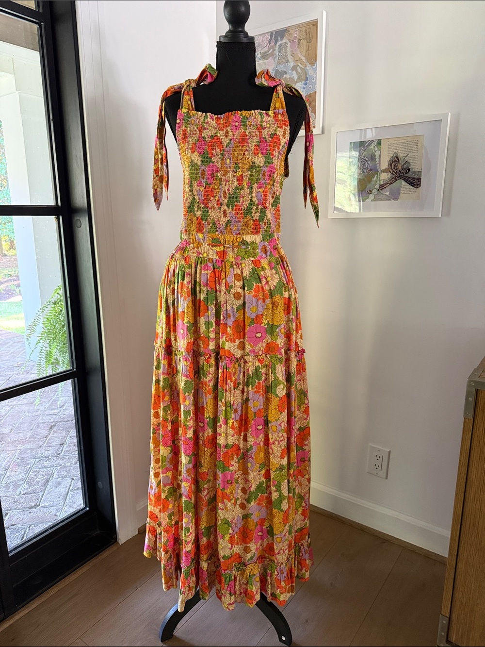 Free People Floral Tie-Shoulder Maxi Dress in Pink, Orange, Green